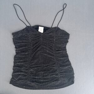 VTG Y2K Tank Top S Ruched Stretch Black Glitter Whimsigoth Coquette Witchy Cami